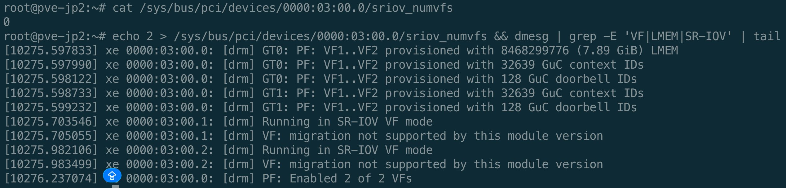 dmesg 顯示 B50 numvfs=2 後 7.89 GiB per VF 的 LMEM 配置