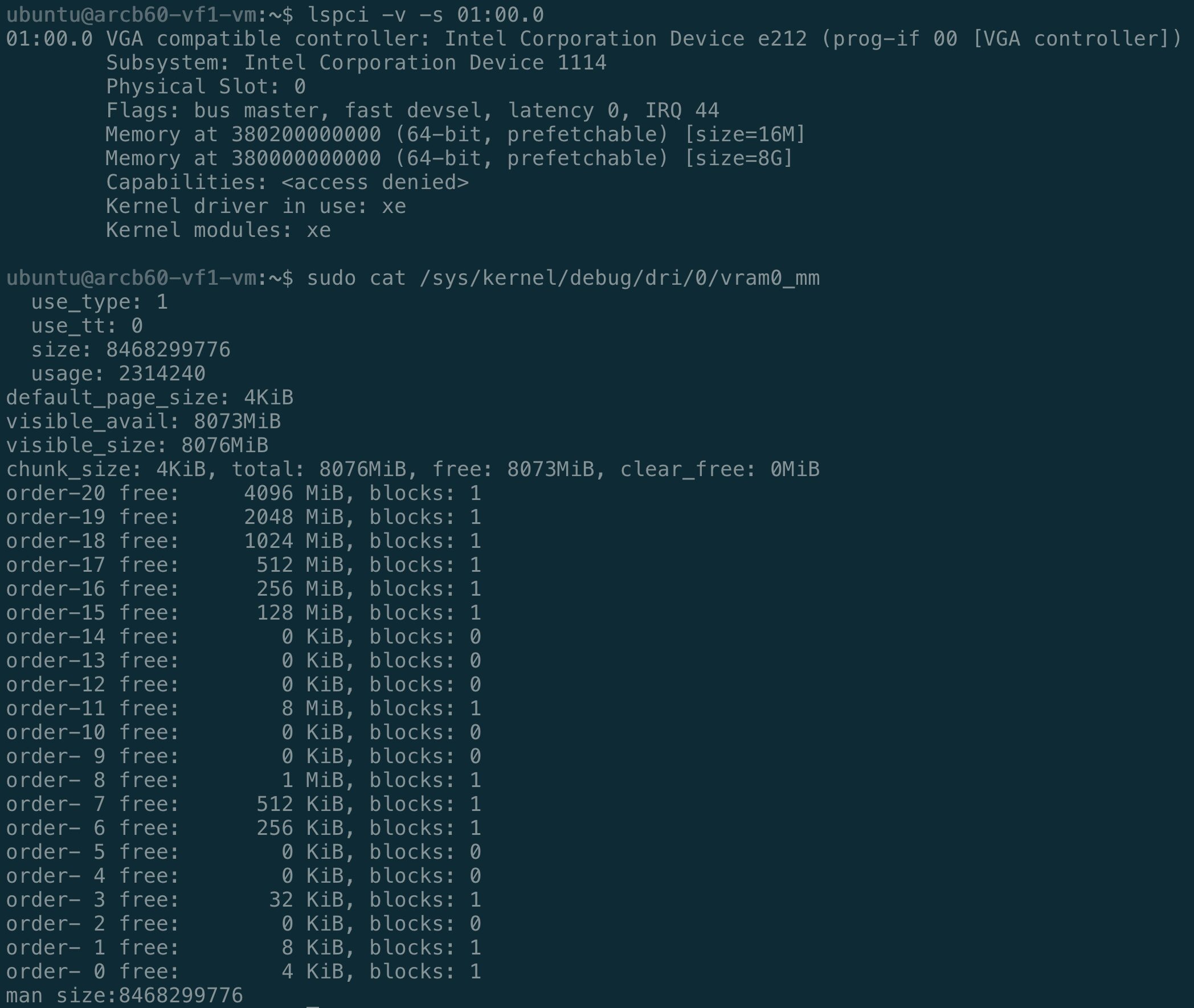 B50 VF guest VM — lspci 顯示 Device e212,vram0_mm 確認約 7.89 GiB 的 provisioned LMEM