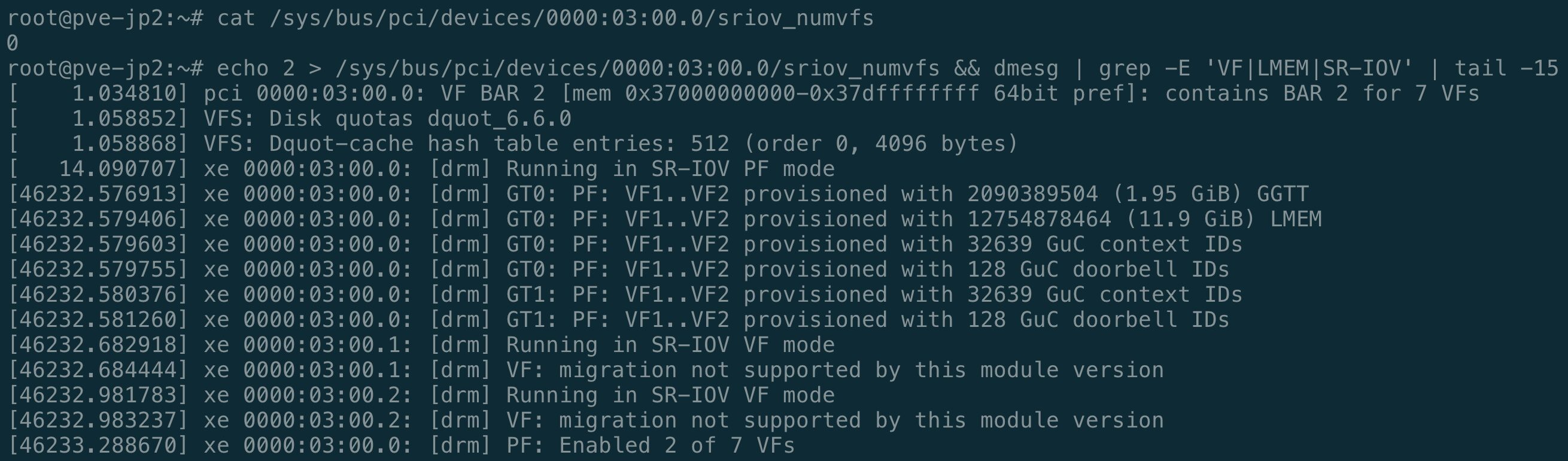 dmesg 顯示 B60 numvfs=2 後的 VF 建立與 LMEM 分配
