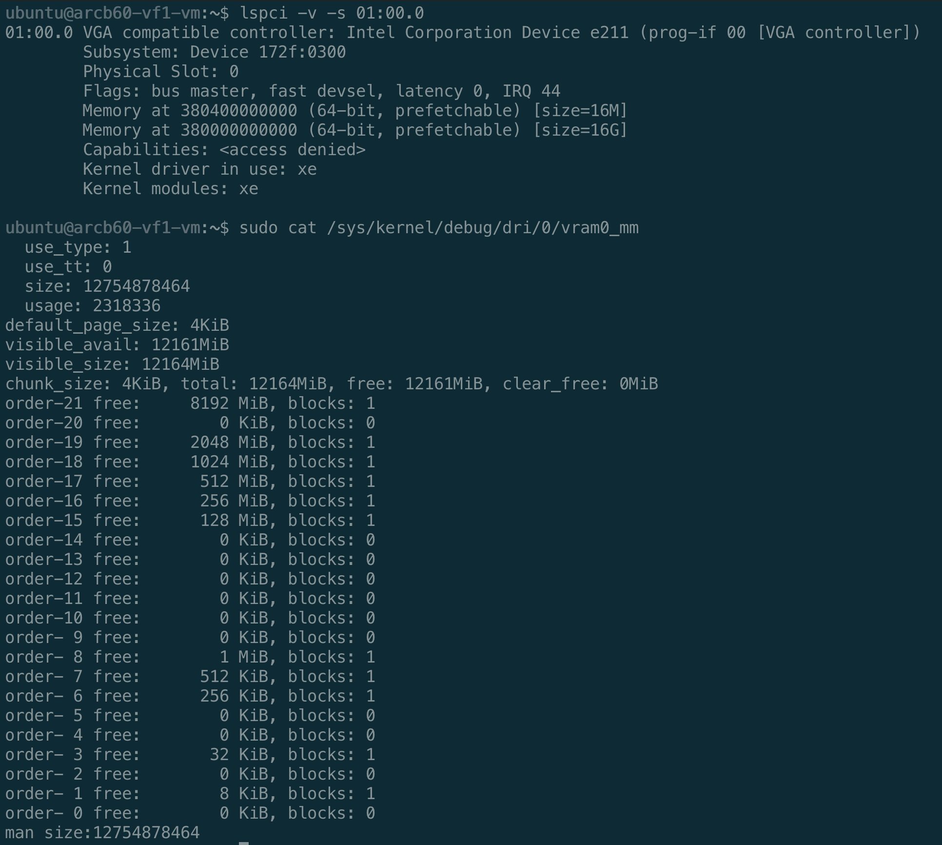 B60 VF guest VM — lspci 顯示 Device e211,vram0_mm 確認約 11.9 GiB 的 provisioned LMEM